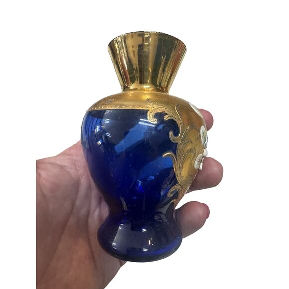 Hand-Painted Cobalt Blue Glass Vase w/3D Enamel Floral &24k Gold Gilt Detailing - Picture 4 of 6